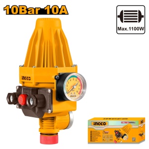 Presostat automat INGCO WAPS002 cu manometru, 1,5-10 bar, 220-240 V, 10 A, pentru pompe pana la 1100 W, racorduri 1 inch, IP65 si protectie lipsa apa