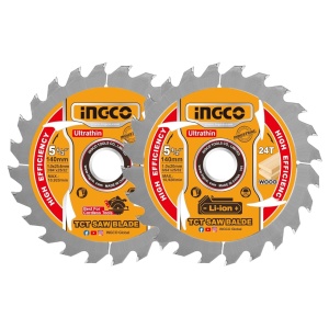 Set 2 discuri widia lemn INGCO TSB1403, 140 mm, 24 dinti, grosime 1 mm, ultra subtiri pentru fierastrau circular pe acumulator, cu inel reductie 16 mm
