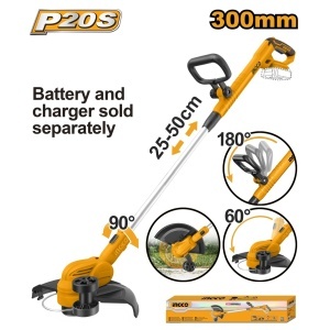 Trimmer gazon INGCO CGTLI20328, 20 V, diametru taiere 300 mm, 8200 rpm, fir rasucit 1.6 mm x 5 m, roata bordurare, fara acumulator si incarcator