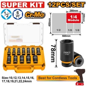 Tubulare impact INGCO HKISSD12126L, 12 piese, set de tubulare lungi cu prindere 1/2, pentru șuruburi și piulițe în montaj și lucrări mecanice