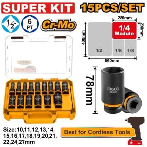 Tubulare impact INGCO HKISSD12158L, 15 piese, set de tubulare lungi cu prindere 1/2, pentru șuruburi și piulițe în montaj și lucrări mecanice