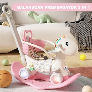 Balansoar Pentru Copii, 3in1, Cu Spatar, Bara de Siguranta, Tavita, Cos de Baschet, Roti Luminoase, +3 Ani - Img 2