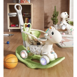 Balansoar Pentru Copii, 3in1, Cu Spatar, Bara de Siguranta, Tavita, Cos de Baschet, Roti Luminoase, +3 Ani - Img 3