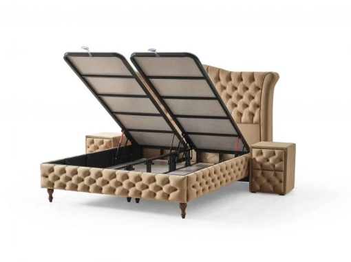 Set pat tapitat cu lada si saltea Dimmax 160x200 cm crem - Img 2