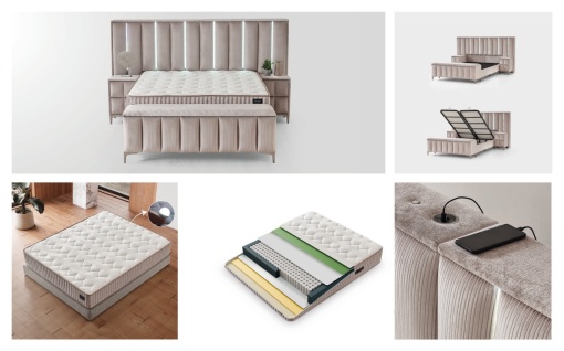 Set pat tapitat cu lada si saltea premium + 2 noptiere Moonlight 160x200 cm - Img 6