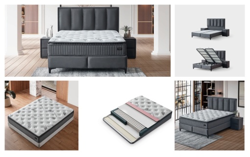 Set pat tapitat cu lada si saltea Hermes 160x200 cm gri - Img 2