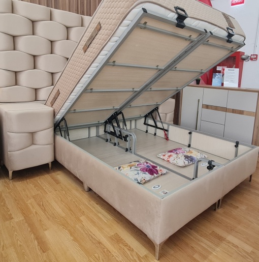 Set pat tapitat cu lada si saltea + 2 noptiere Yesim Dream 160x200 cm crem - Img 3