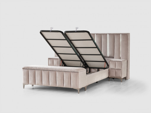 Set pat tapitat cu lada si saltea premium + 2 noptiere Moonlight 160x200 cm - Img 5
