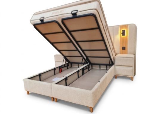 Set pat tapitat cu lada si saltea premium + 2 noptiere Shelby 160x200 cm crem - Img 6