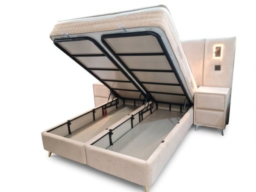Set pat tapitat cu lada si saltea + 2 noptiere Bonaventure 160x200 cm crem - Img 2