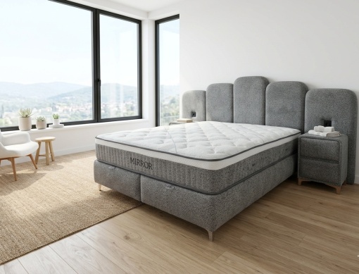 Set pat tapitat cu lada si saltea premium + 2 noptiere Mirror 160x200 cm - Img 2