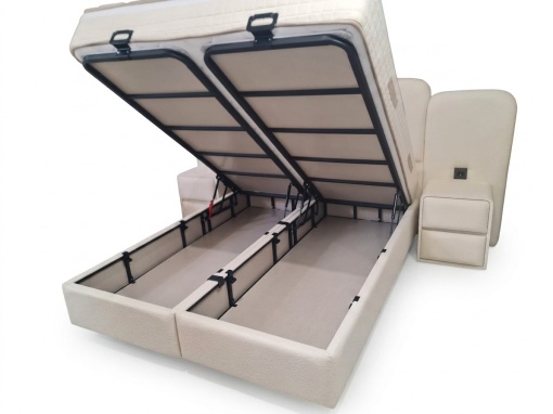 Set pat tapitat cu lada si saltea premium + 2 noptiere Mirror 160x200 cm crem - Img 2