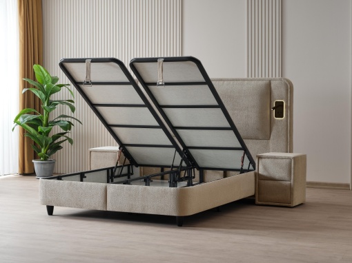 Set pat tapitat cu lada si saltea premium Cancun 160x200 cm pearl - Img 3