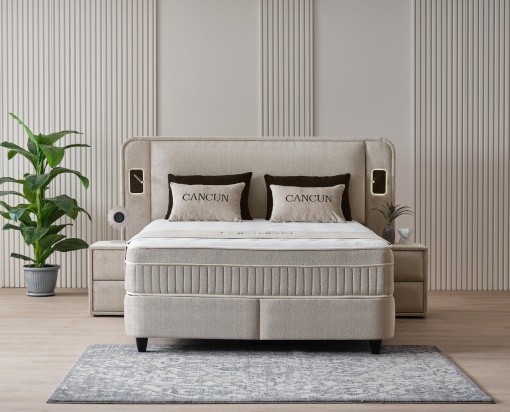 Set pat tapitat cu lada si saltea premium Cancun 160x200 cm pearl - Img 4