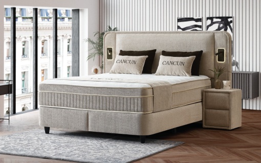 Set pat tapitat cu lada si saltea premium Cancun 160x200 cm pearl - Img 2