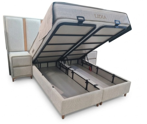 Set pat tapitat cu lada si saltea premium + 2 noptiere Lidia 160x200 cm bej - Img 6