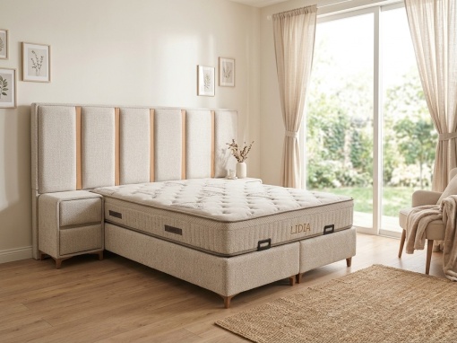 Set pat tapitat cu lada si saltea premium + 2 noptiere Lidia 160x200 cm bej - Img 2