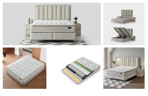 Set pat tapitat cu lada si saltea premium Mini Moonlight 160x200 cm gri - Img 2