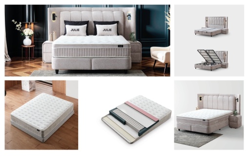 Set pat tapitat cu lada si saltea Julie 160x200 cm pearl - Img 2