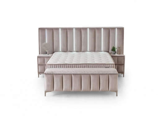 Set pat tapitat cu lada si saltea premium + 2 noptiere Moonlight 160x200 cm - Img 2