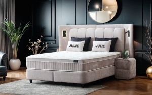 Set pat tapitat cu lada si saltea Julie 160x200 cm pearl