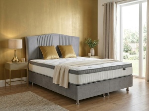 Set pat tapitat cu lada si saltea Maze 160x200 cm gri