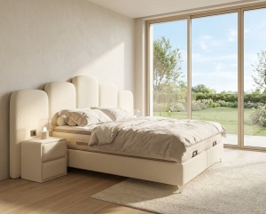Set pat tapitat cu lada si saltea premium + 2 noptiere Mirror 160x200 cm crem