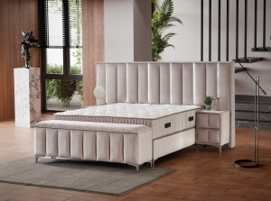 Set pat tapitat cu lada si saltea premium + 2 noptiere Moonlight 160x200 cm