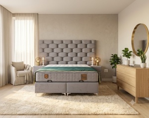 Set pat tapitat cu lada si saltea + 2 noptiere Yesim Dream 160x200 cm gri