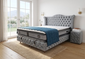 Set pat tapitat cu lada si saltea Dimmax 160x200 cm gri