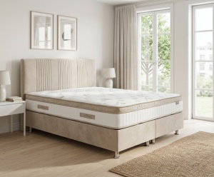 Set pat tapitat cu lada si saltea Lizbon 160x200 cm bej