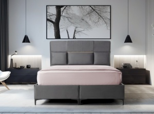 Set pat tapitat cu lada si saltea Lumina 160x200 cm gri