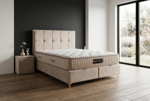 Set pat tapitat cu lada si saltea Optimus 160x200 cm crem