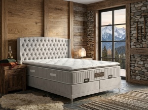 Set pat tapitat cu lada si saltea Moya 180x200 cm gri