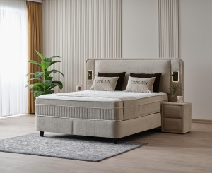 Set pat tapitat cu lada si saltea premium Cancun 160x200 cm pearl