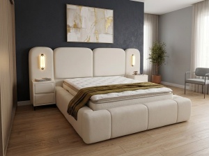 Set pat tapitat cu lada si saltea + 2 noptiere Berlin 160x200 cm bukle