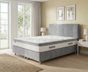 Set pat tapitat cu lada si saltea Lizbon 160x200 cm gri