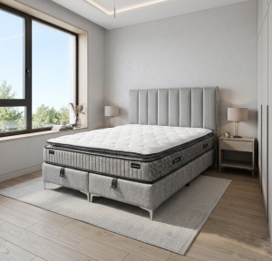 Set pat tapitat cu lada si saltea premium Mini Moonlight 160x200 cm gri