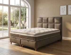 Set pat tapitat cu lada si saltea Como 160x200 cm maron