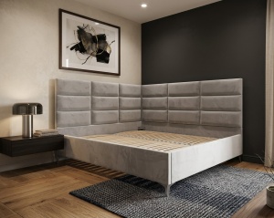 Pat tapitat de colt cu lada si somiera Cubic 140x200 cm