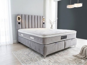 Set pat tapitat cu lada si saltea Classic 160x200 cm gri