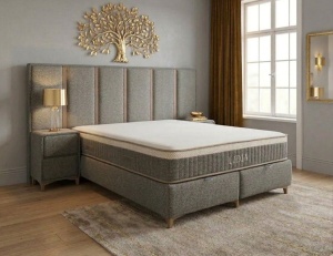 Set pat tapitat cu lada si saltea premium + 2 noptiere Lidia 160x200 cm