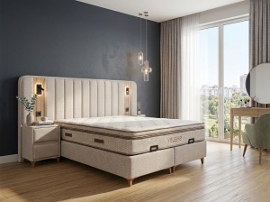 Set pat tapitat cu lada si saltea premium + 2 noptiere Shelby 160x200 cm crem