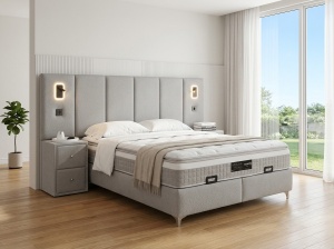 Set pat tapitat cu lada si saltea + 2 noptiere Bonaventure 160x200 cm gri