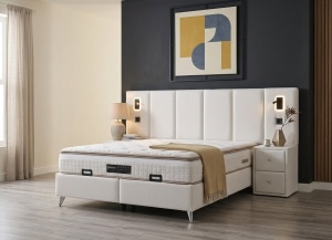 Set pat tapitat cu lada si saltea + 2 noptiere Bonaventure 160x200 cm bukle white