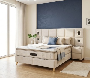 Set pat tapitat cu lada si saltea + 2 noptiere Square 160x200 cm bej