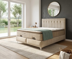 Set pat tapitat cu lada si saltea Angel 160x200 cm crem