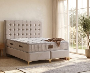 Set pat tapitat cu lada si saltea Isabel 160x200 cm crem