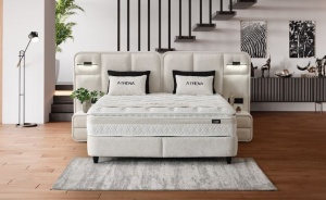 Set pat tapitat cu lada si saltea premium + 2 noptiere Athena 160x200 cm