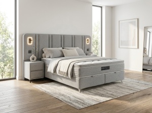 Set pat tapitat cu lada si saltea premium + 2 noptiere Hugga 160x200 cm